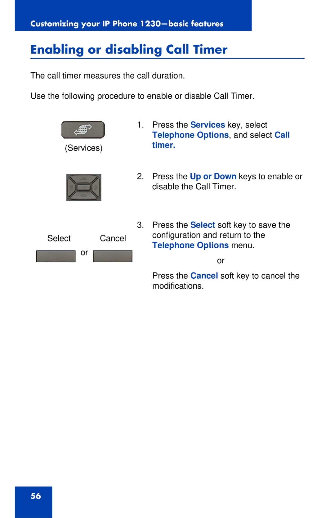 Nortel Networks IP Phone 1230 manual Enabling or disabling Call Timer, Telephone Options menu 