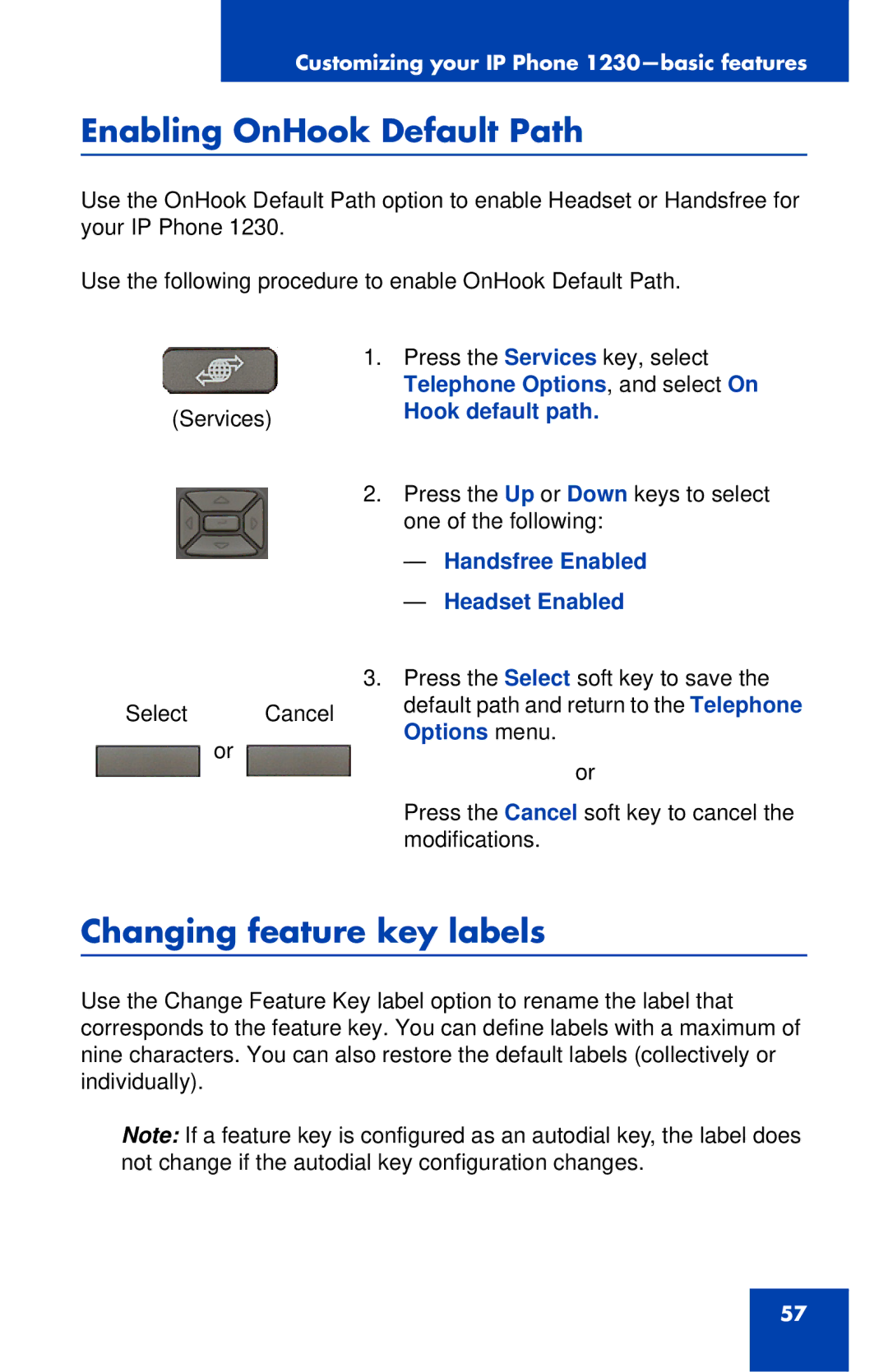 Nortel Networks IP Phone 1230 manual Enabling OnHook Default Path, Changing feature key labels, Hook default path 