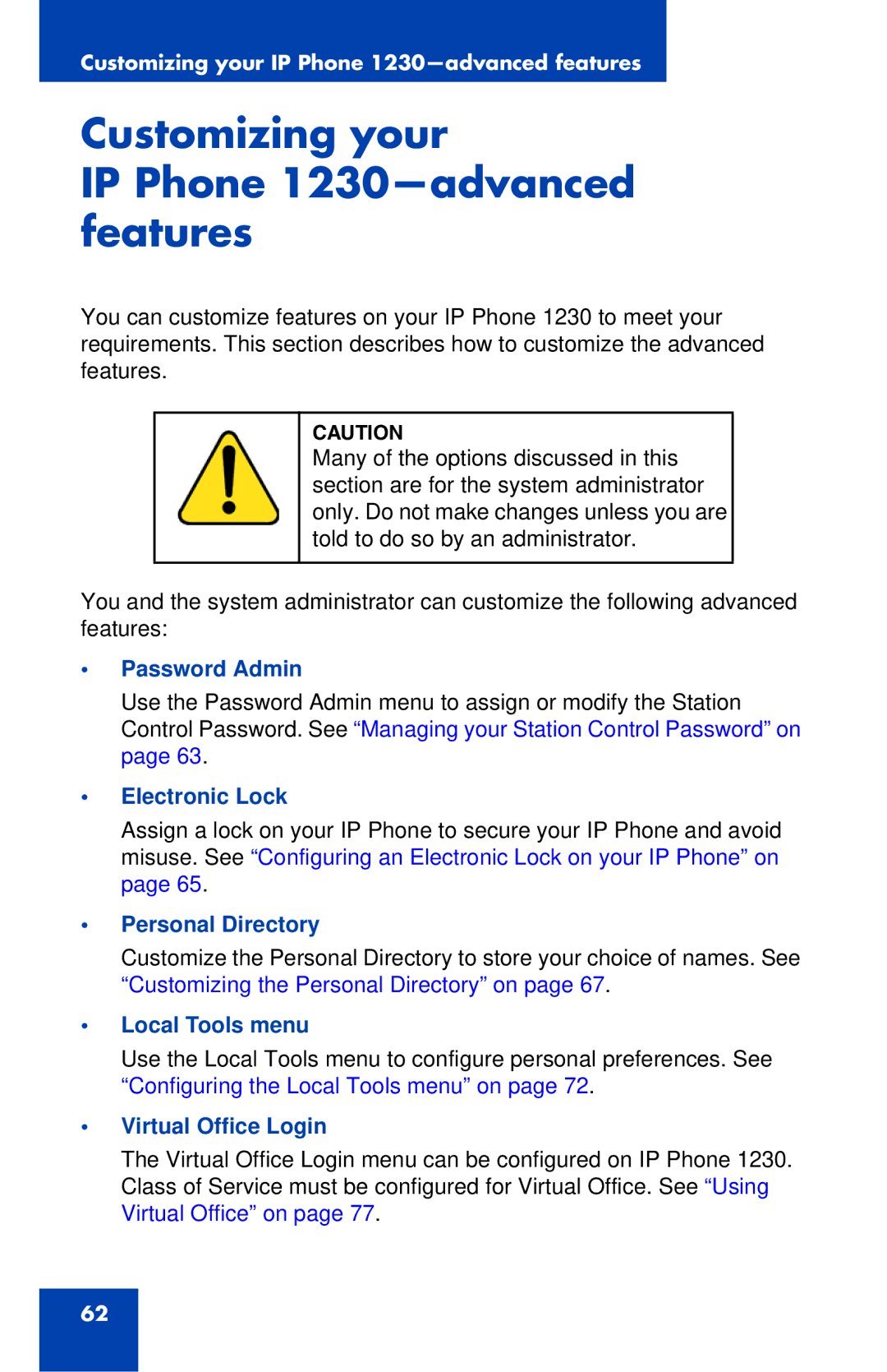 Nortel Networks Customizing your IP Phone 1230-advanced features, Electronic Lock, Personal Directory, Local Tools menu 