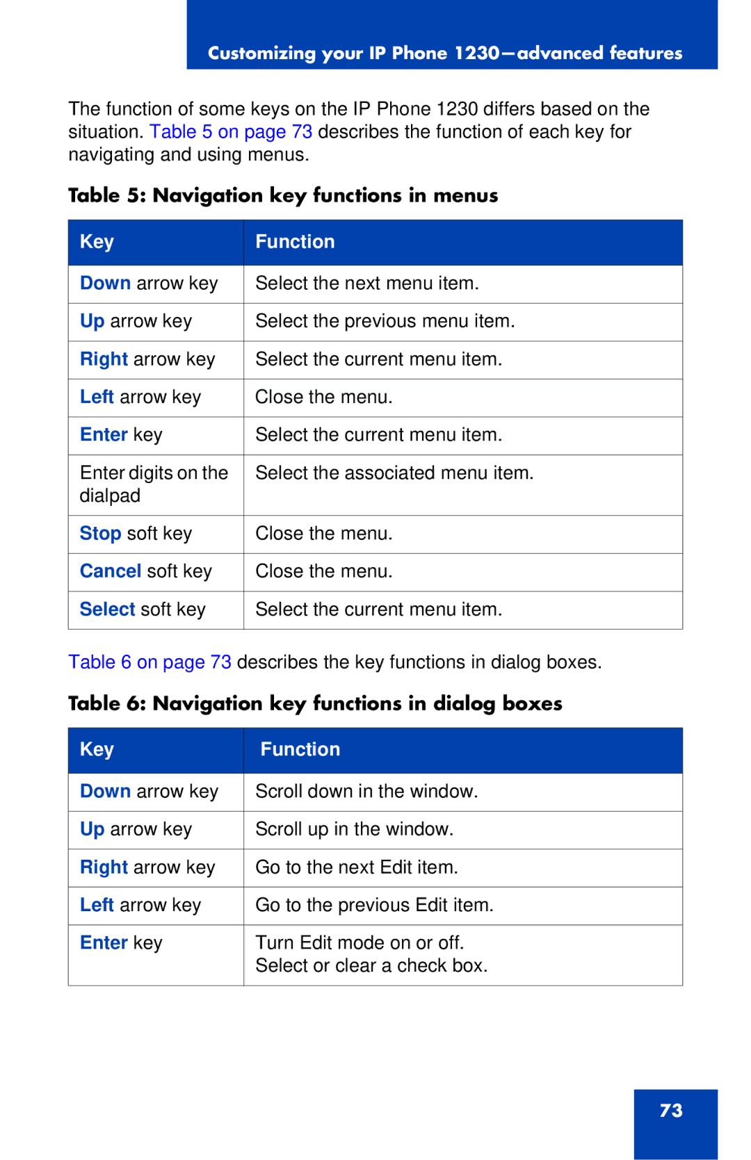 Nortel Networks IP Phone 1230 manual Key Function, Enter key 