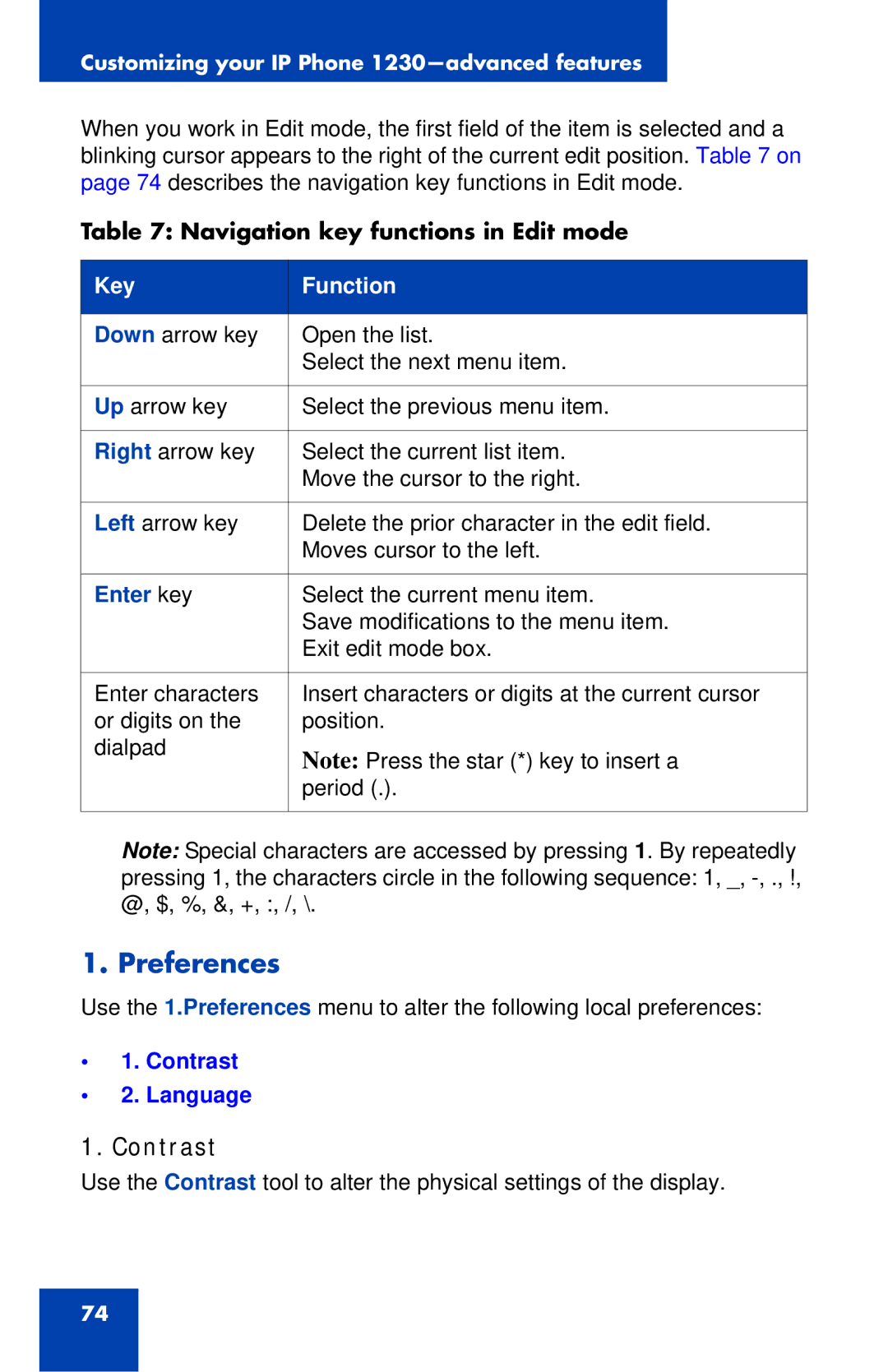 Nortel Networks IP Phone 1230 manual Preferences, Contrast 