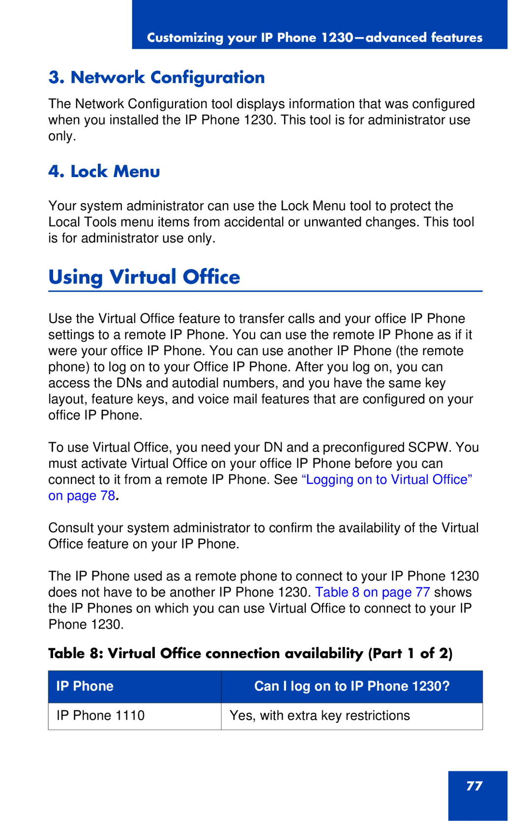 Nortel Networks IP Phone 1230 manual Using Virtual Office, Network Configuration, Lock Menu 