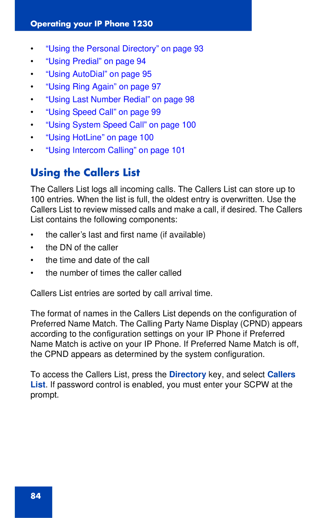 Nortel Networks IP Phone 1230 manual Using the Callers List 