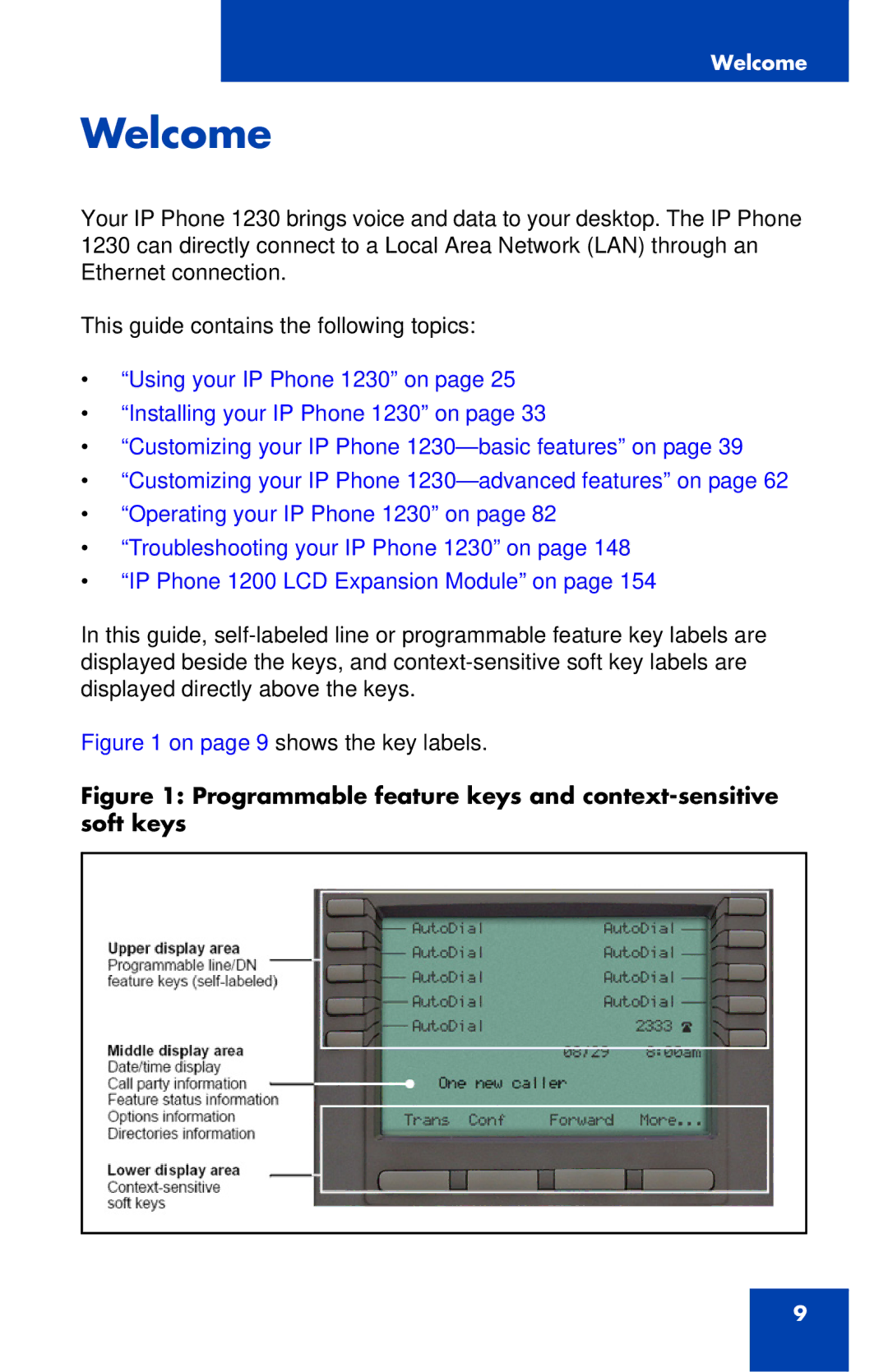 Nortel Networks IP Phone 1230 manual Welcome, On page 9 shows the key labels 