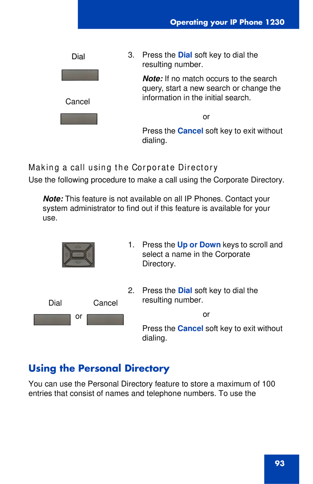 Nortel Networks IP Phone 1230 manual Using the Personal Directory, Making a call using the Corporate Directory 