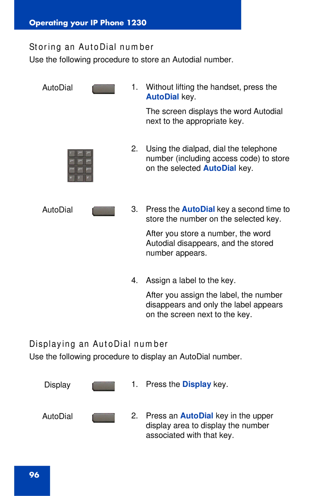 Nortel Networks IP Phone 1230 manual Storing an AutoDial number, Displaying an AutoDial number 