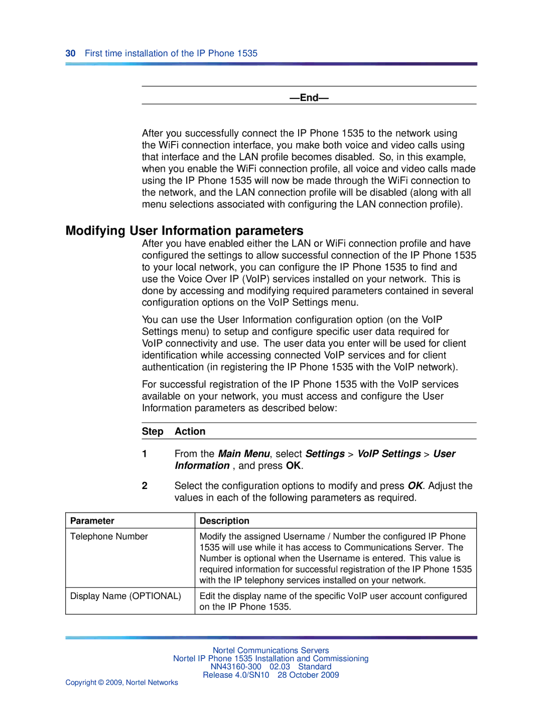 Nortel Networks IP Phone 1535 manual Modifying User Information parameters 