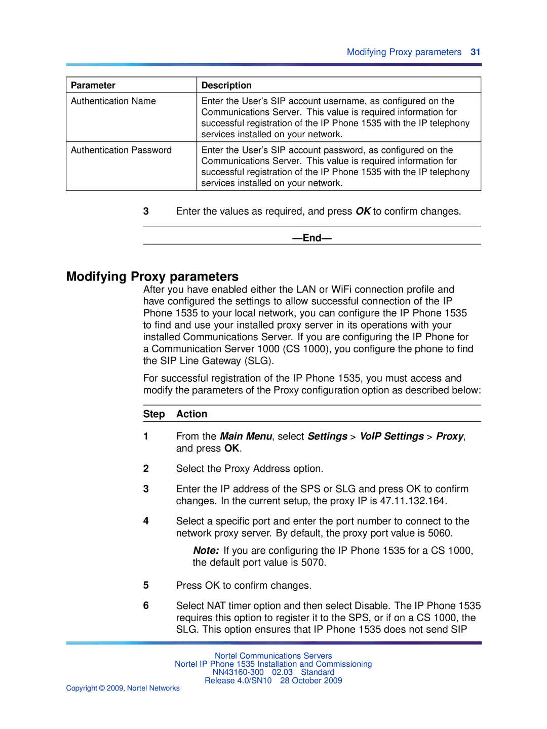 Nortel Networks IP Phone 1535 manual Modifying Proxy parameters 