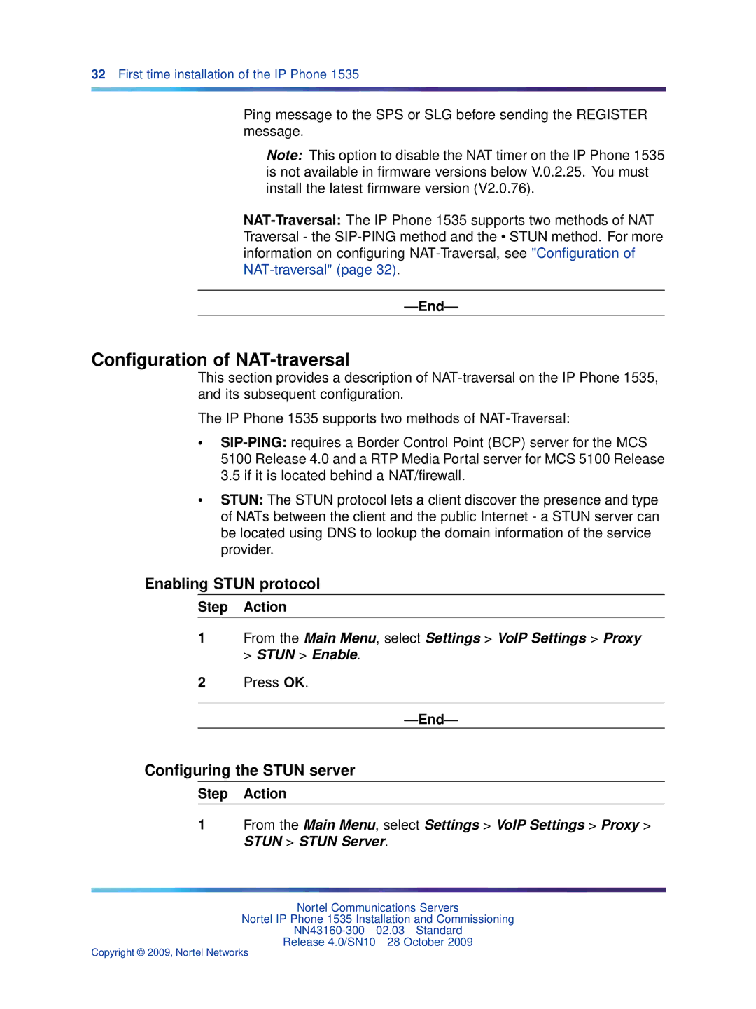 Nortel Networks IP Phone 1535 manual Conﬁguration of NAT-traversal, Enabling Stun protocol, Conﬁguring the Stun server 