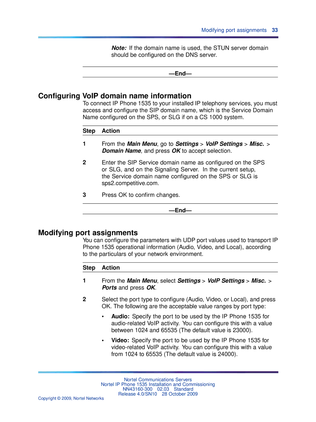 Nortel Networks IP Phone 1535 manual Conﬁguring VoIP domain name information, Modifying port assignments 