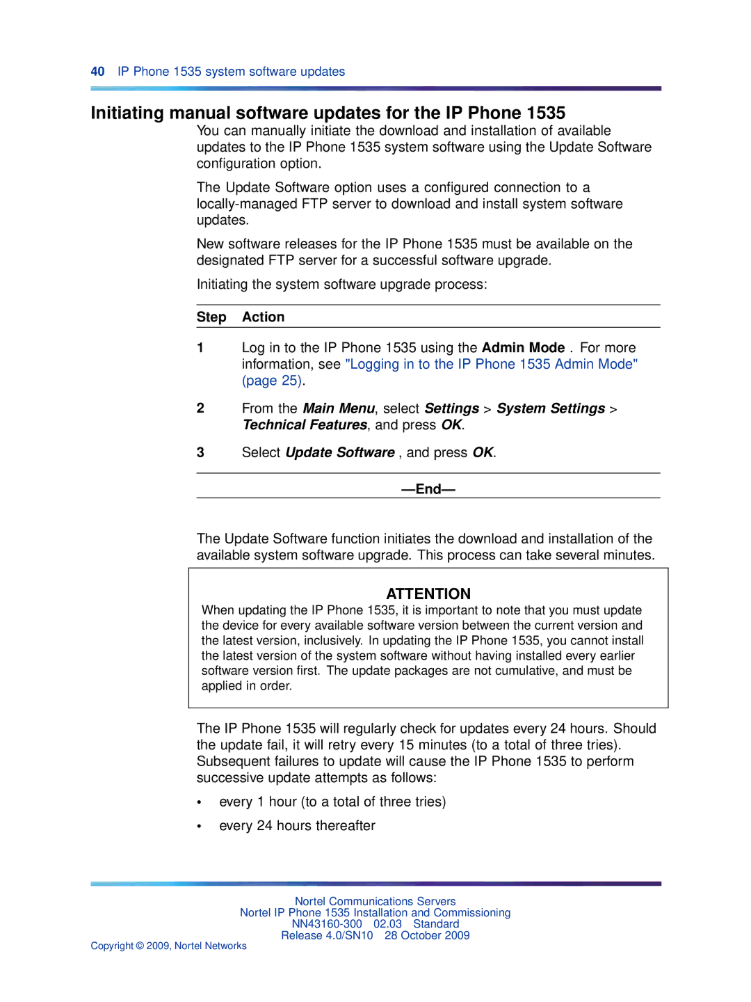 Nortel Networks IP Phone 1535 Initiating manual software updates for the IP Phone 