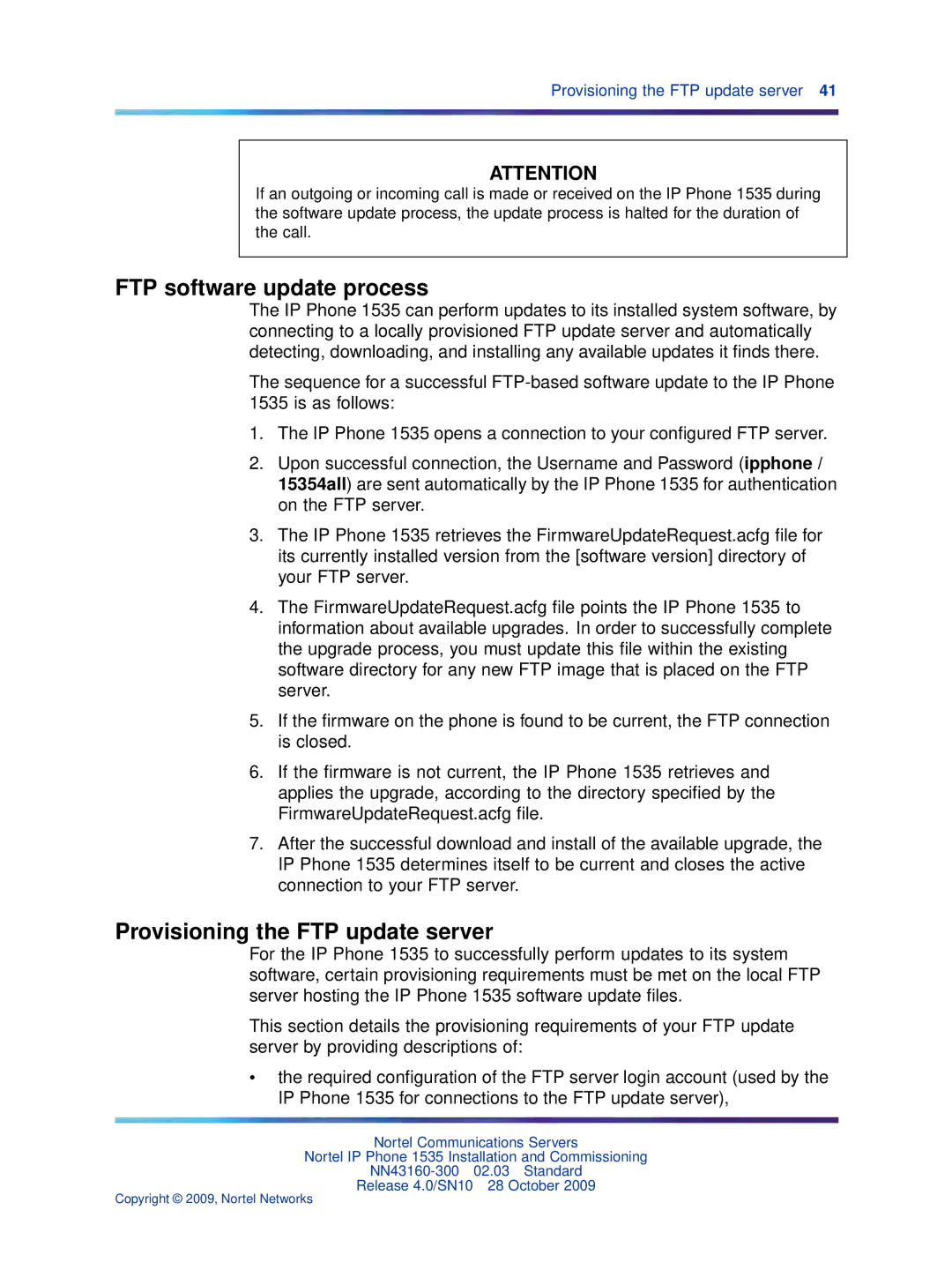 Nortel Networks IP Phone 1535 manual FTP software update process, Provisioning the FTP update server 