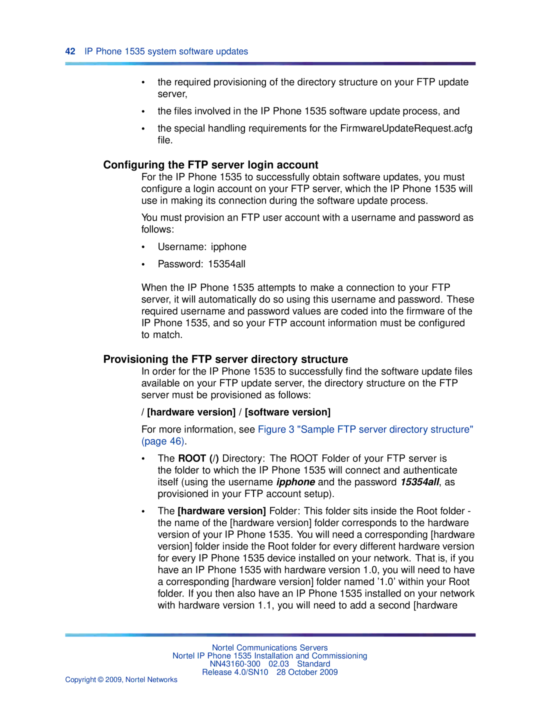 Nortel Networks IP Phone 1535 Conﬁguring the FTP server login account, Provisioning the FTP server directory structure 