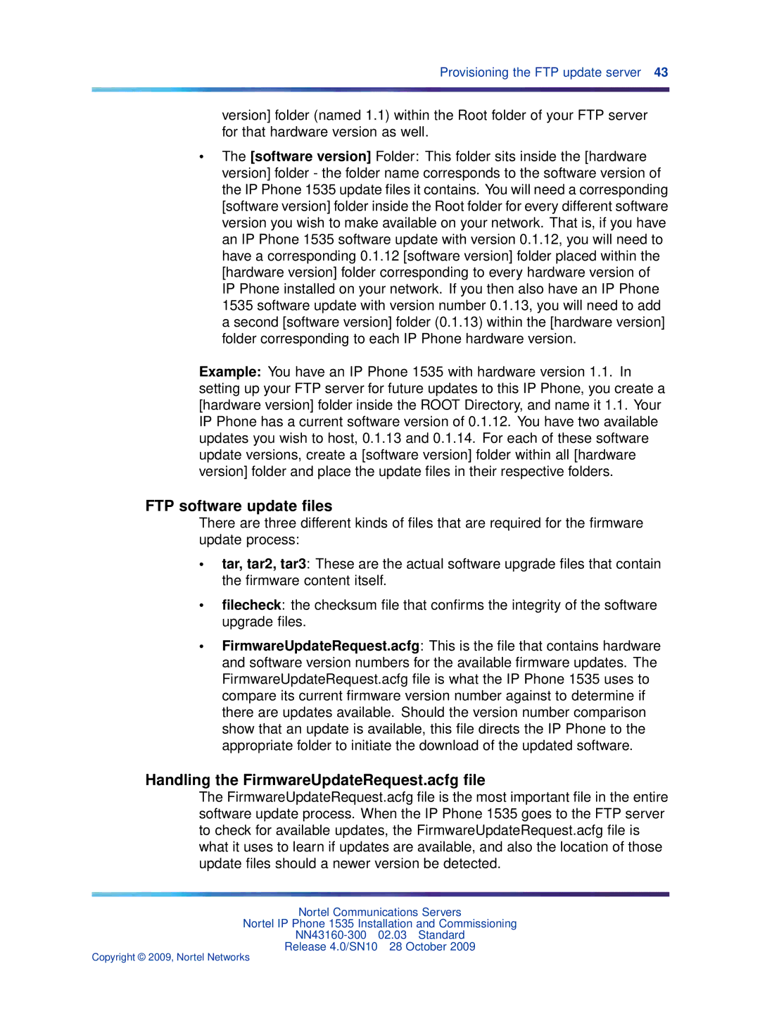 Nortel Networks IP Phone 1535 manual FTP software update ﬁles, Handling the FirmwareUpdateRequest.acfg ﬁle 