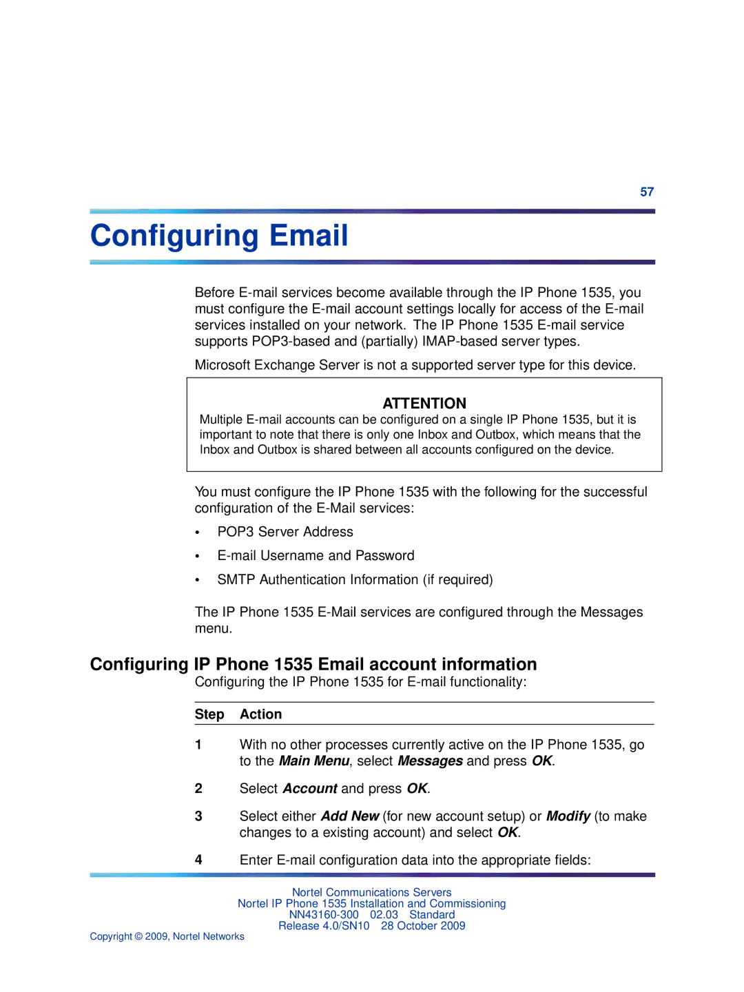 Nortel Networks manual Conﬁguring Email, Conﬁguring IP Phone 1535 Email account information 