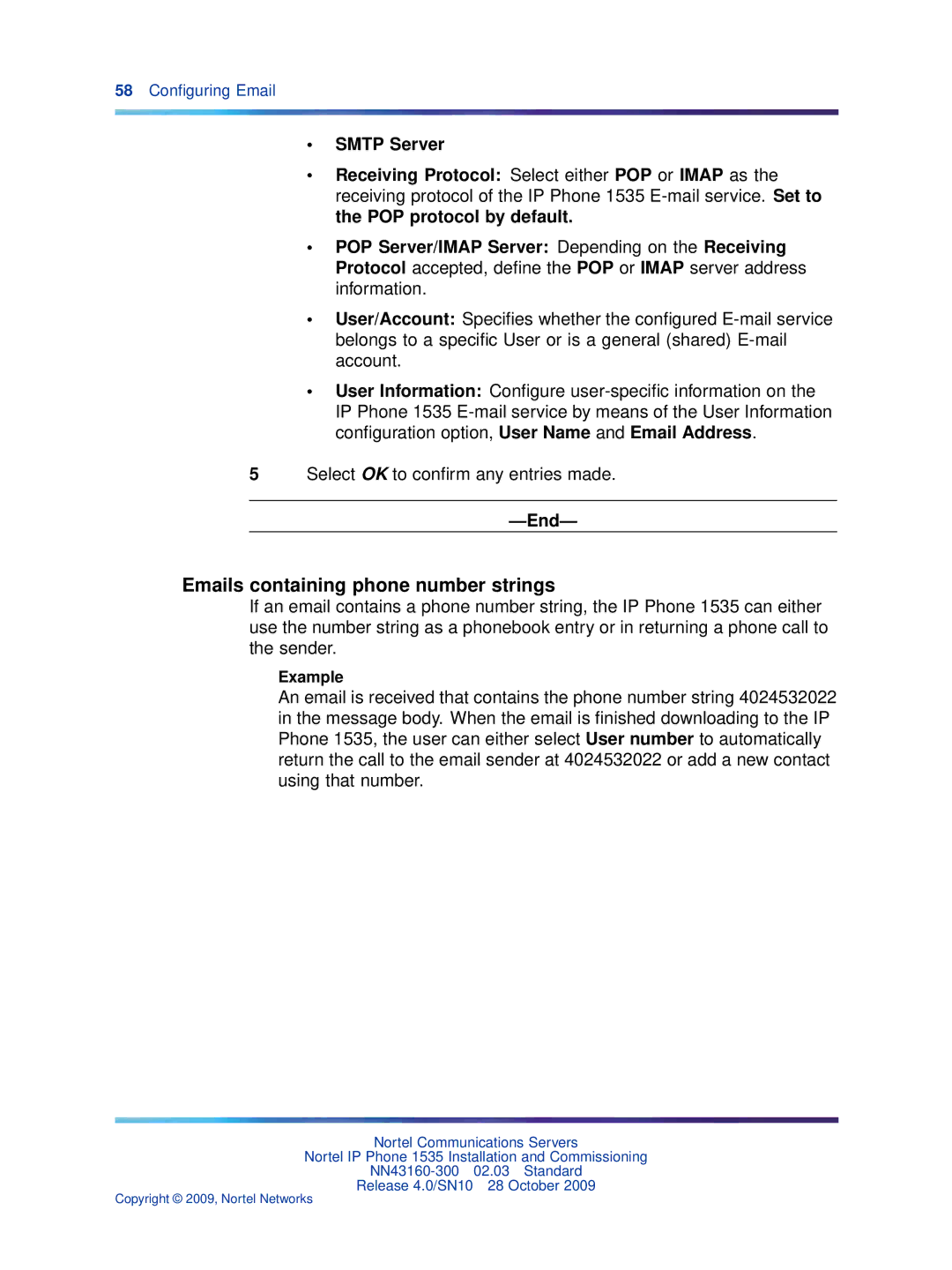 Nortel Networks IP Phone 1535 manual Emails containing phone number strings 