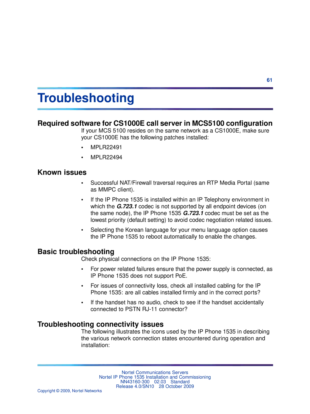 Nortel Networks IP Phone 1535 manual Known issues, Basic troubleshooting, Troubleshooting connectivity issues 