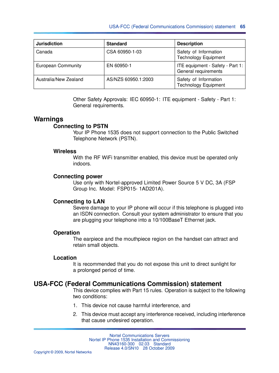 Nortel Networks IP Phone 1535 manual USA-FCC Federal Communications Commission statement 