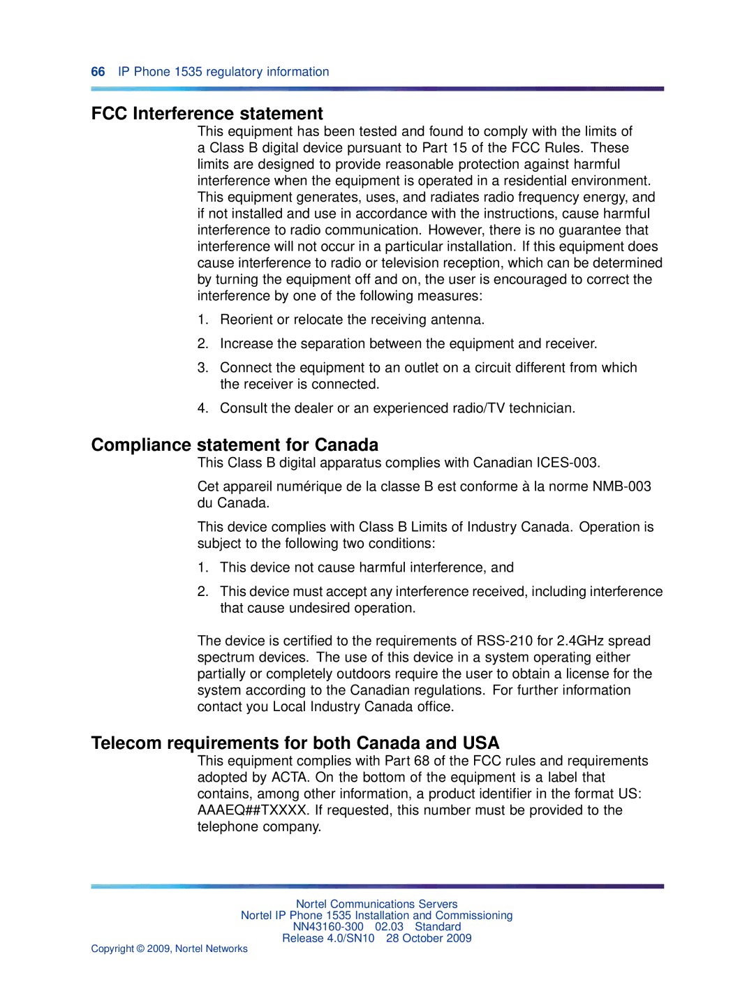 Nortel Networks IP Phone 1535 manual FCC Interference statement, Compliance statement for Canada 