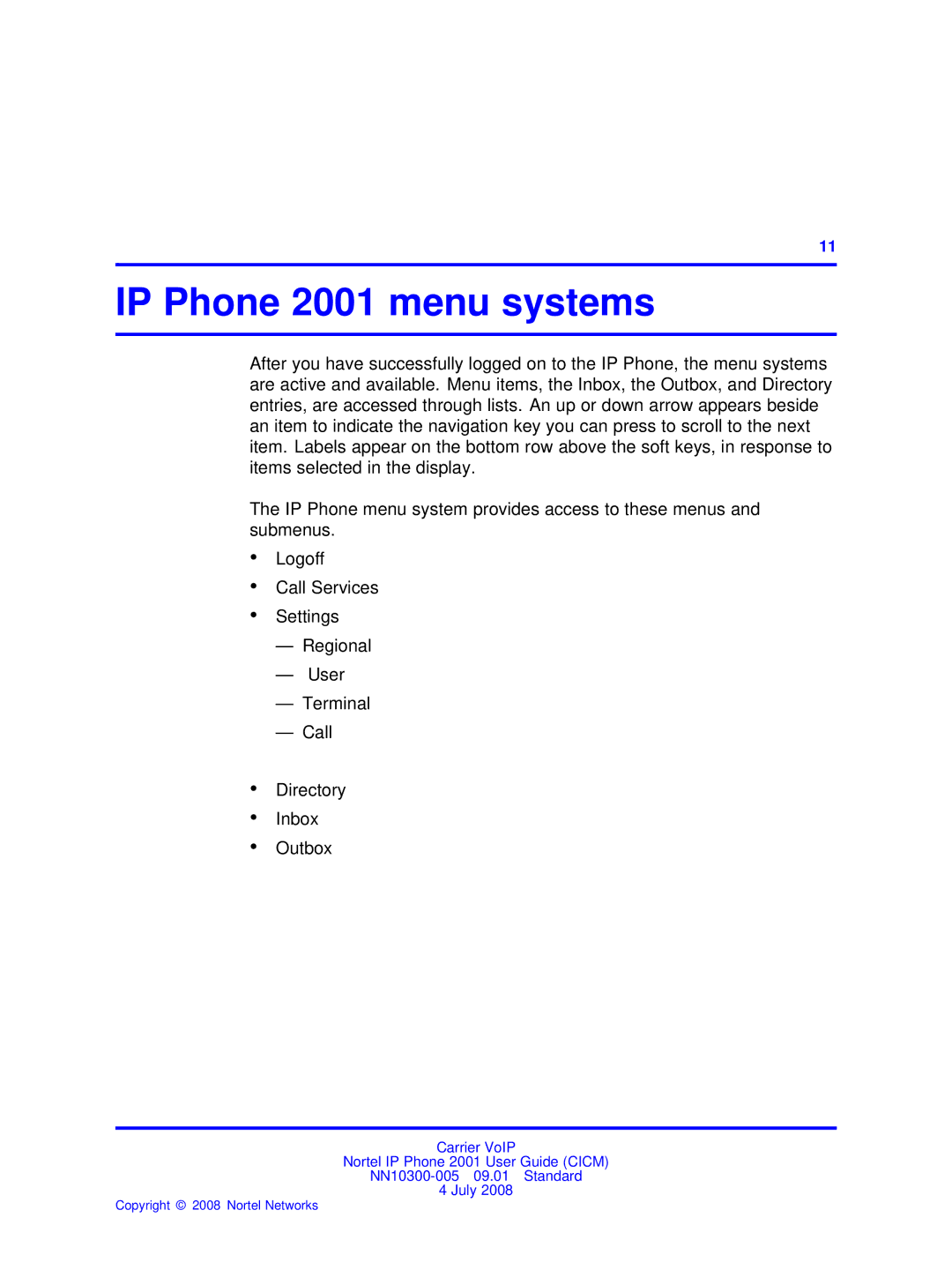 Nortel Networks manual IP Phone 2001 menu systems 