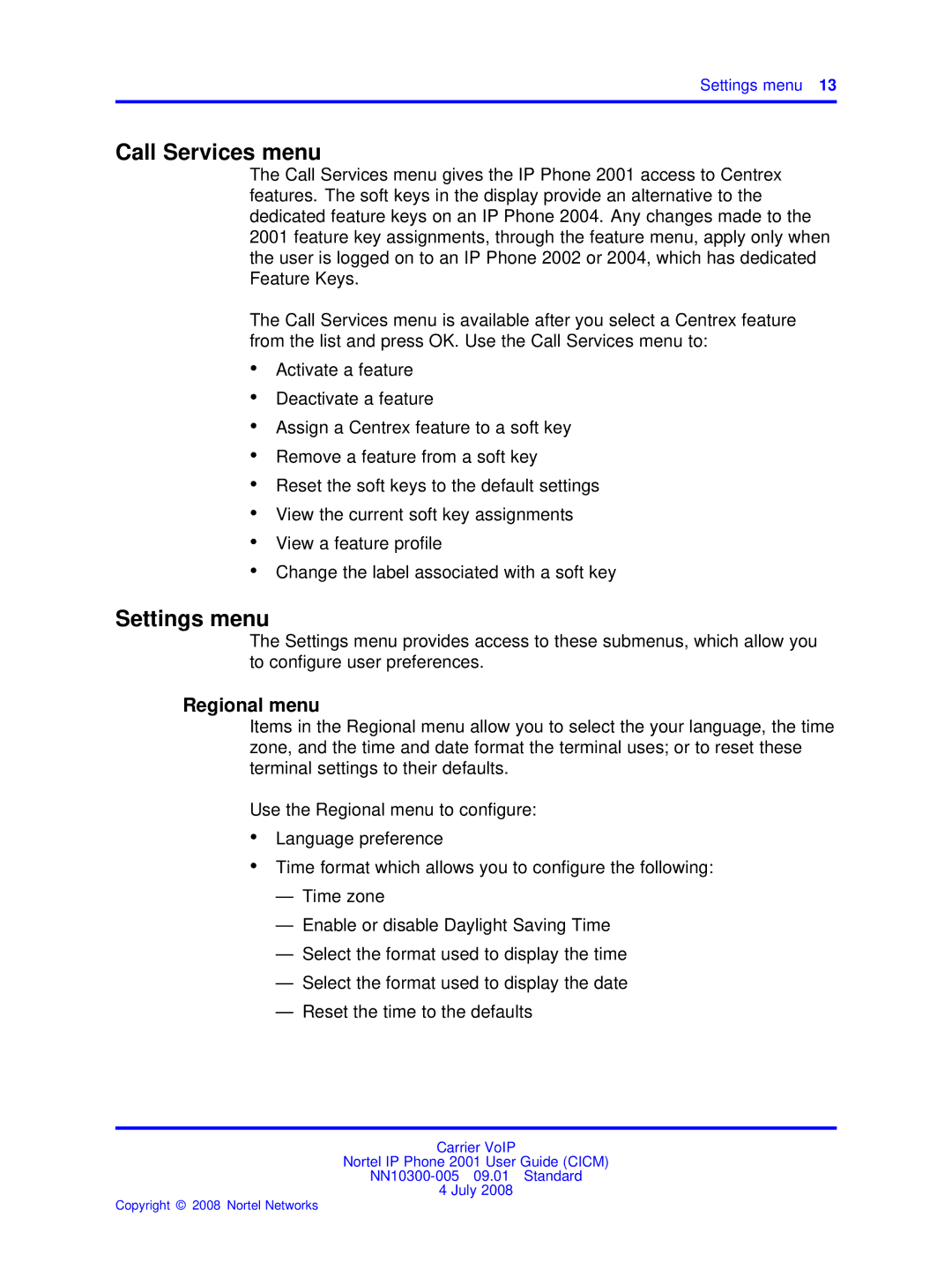 Nortel Networks IP Phone 2001 manual Call Services menu, Settings menu 