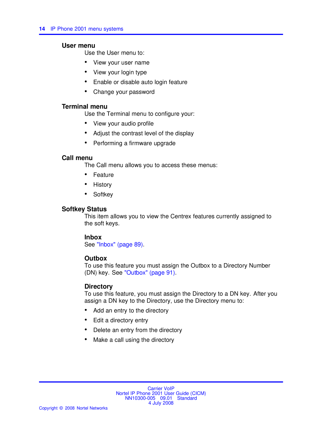 Nortel Networks IP Phone 2001 manual Call menu 