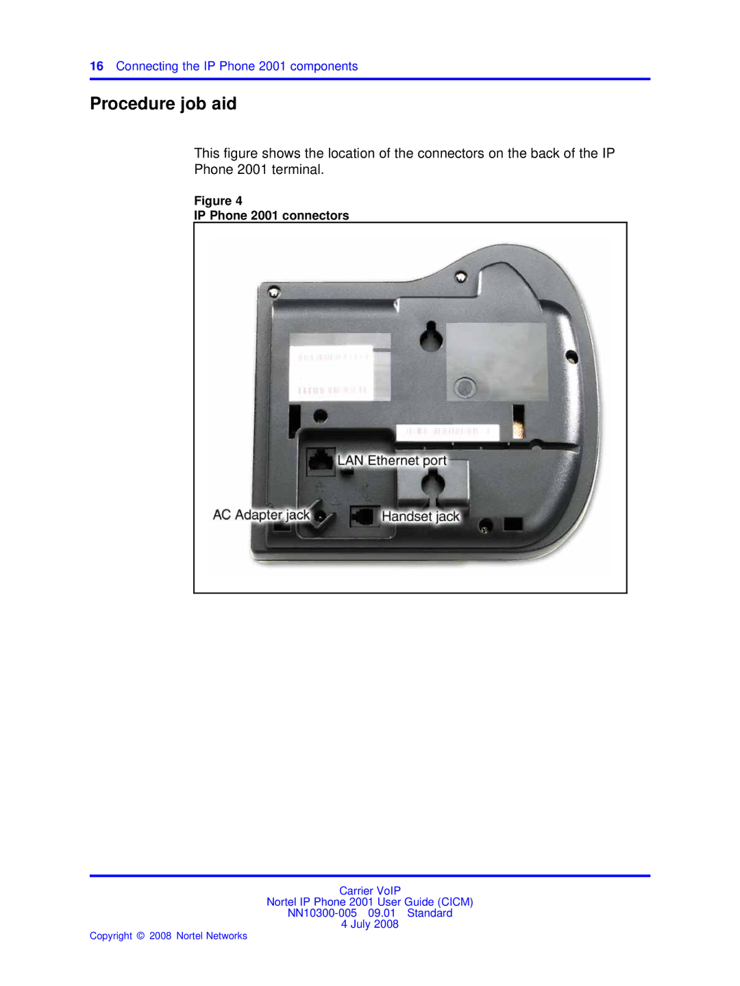 Nortel Networks manual Procedure job aid, Connecting the IP Phone 2001 components 