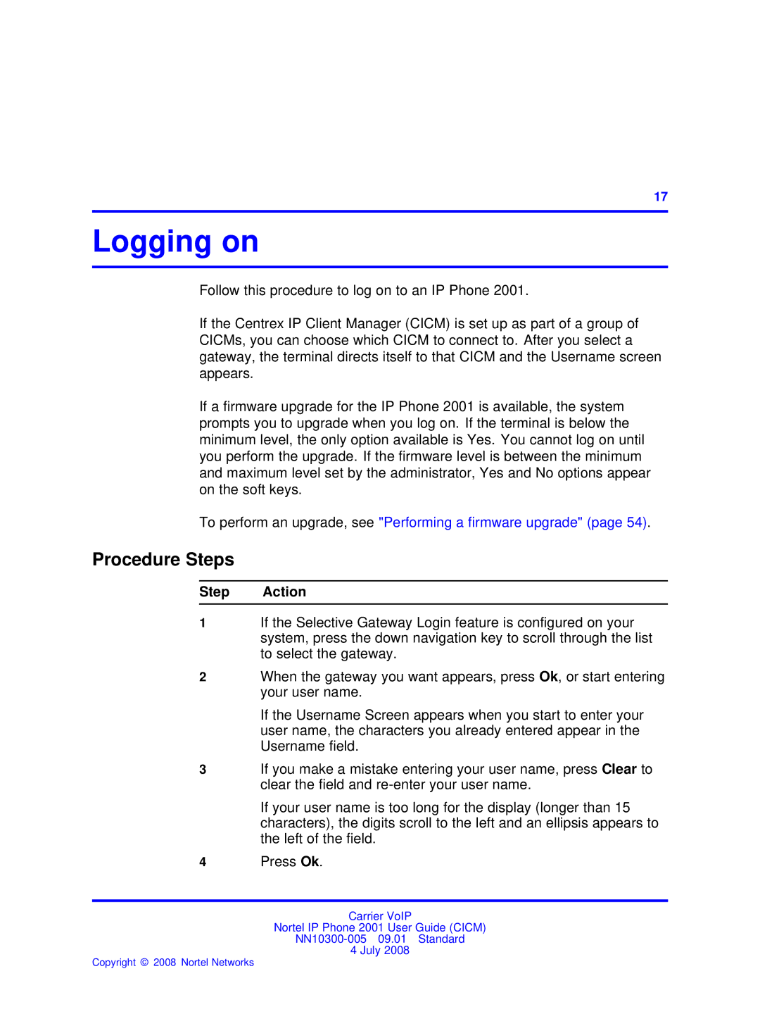 Nortel Networks IP Phone 2001 manual Logging on 