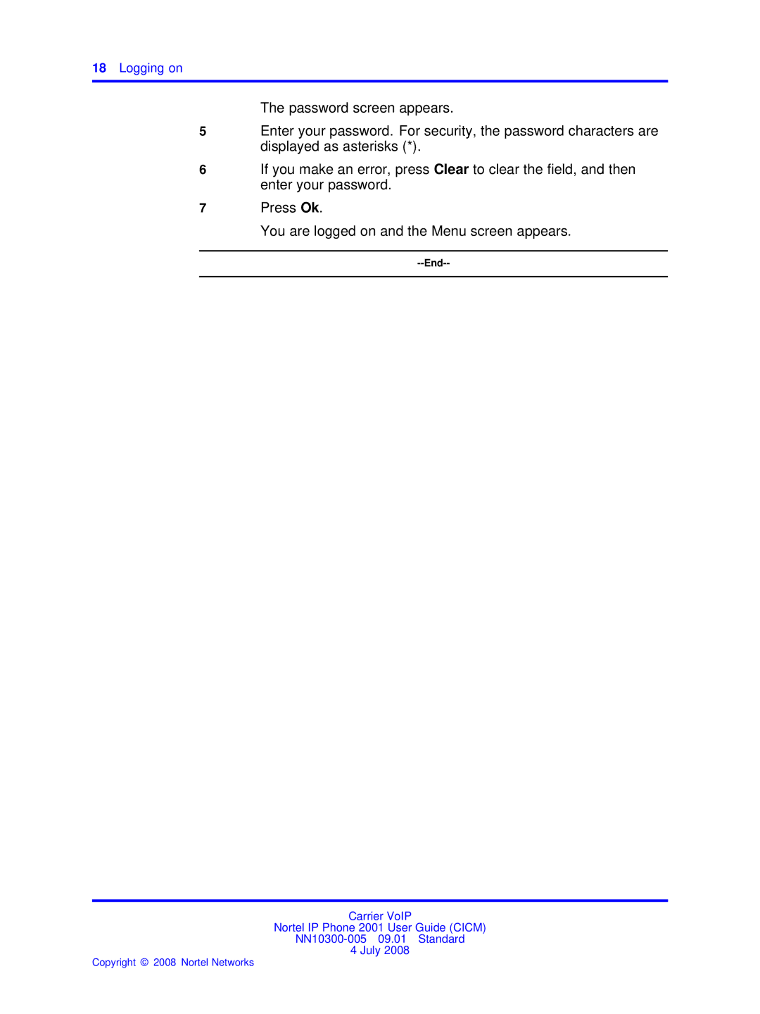 Nortel Networks IP Phone 2001 manual Logging on 