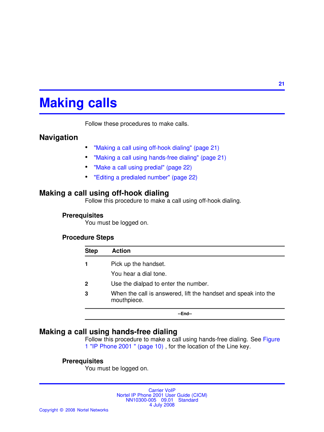 Nortel Networks IP Phone 2001 manual Making calls, Navigation, Making a call using off-hook dialing 