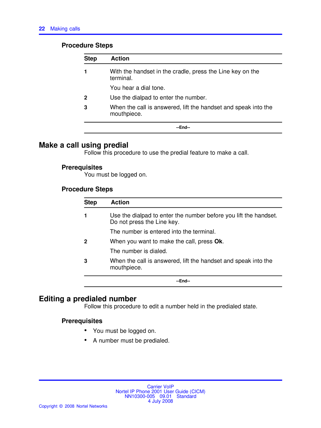 Nortel Networks IP Phone 2001 manual Make a call using predial, Editing a predialed number, Making calls 