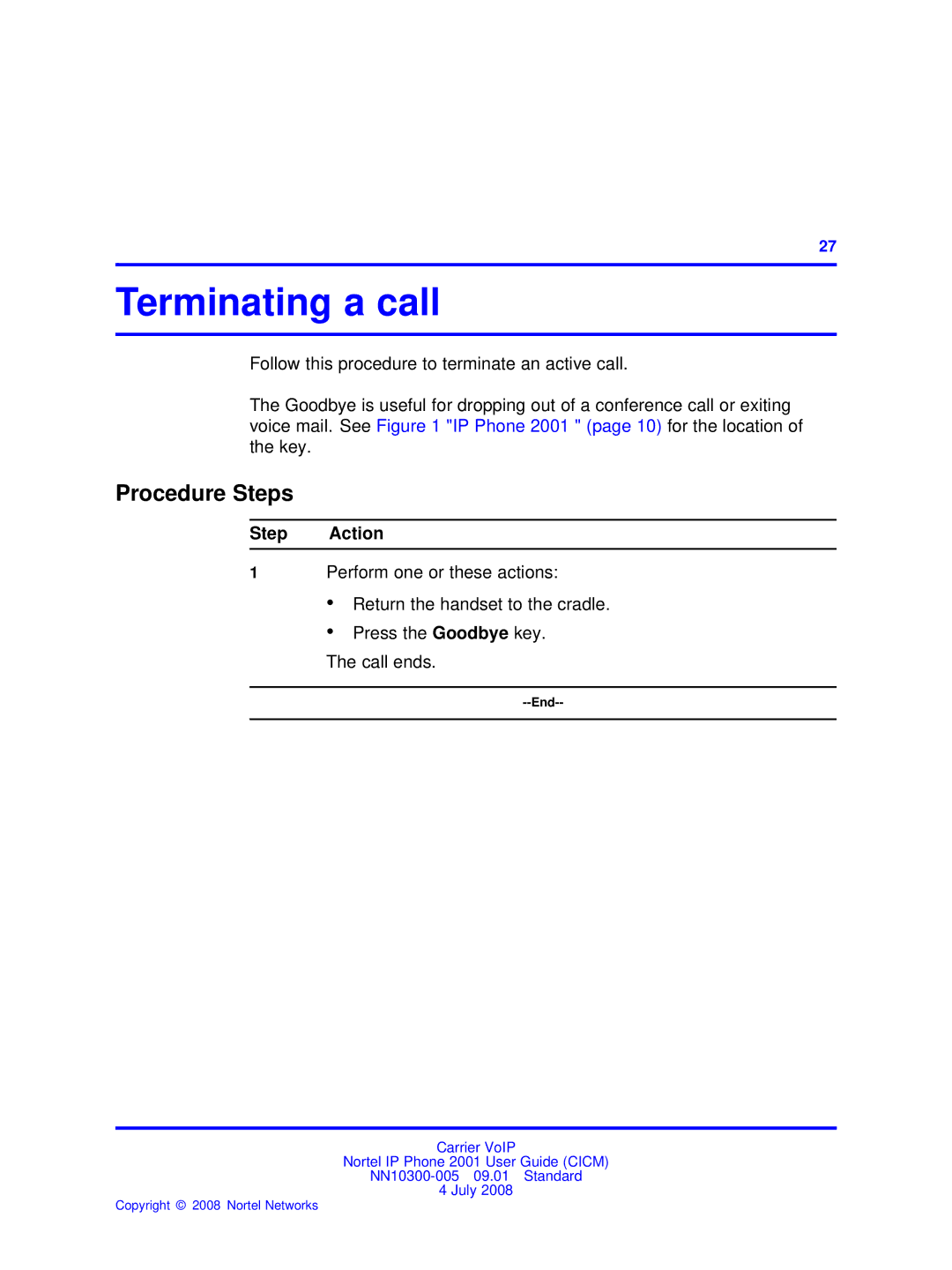 Nortel Networks IP Phone 2001 manual Terminating a call 