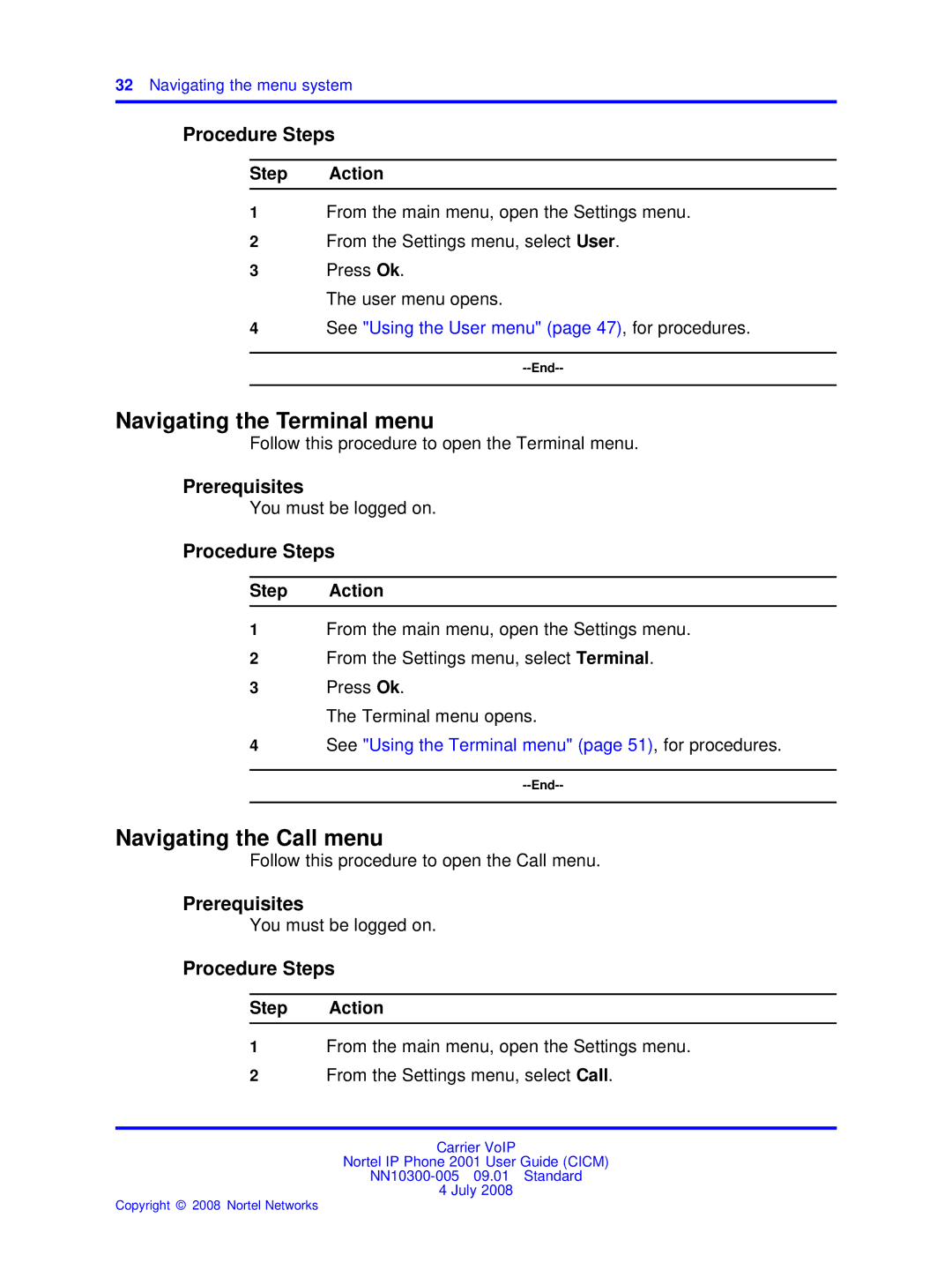 Nortel Networks IP Phone 2001 manual Navigating the Terminal menu, Navigating the Call menu 