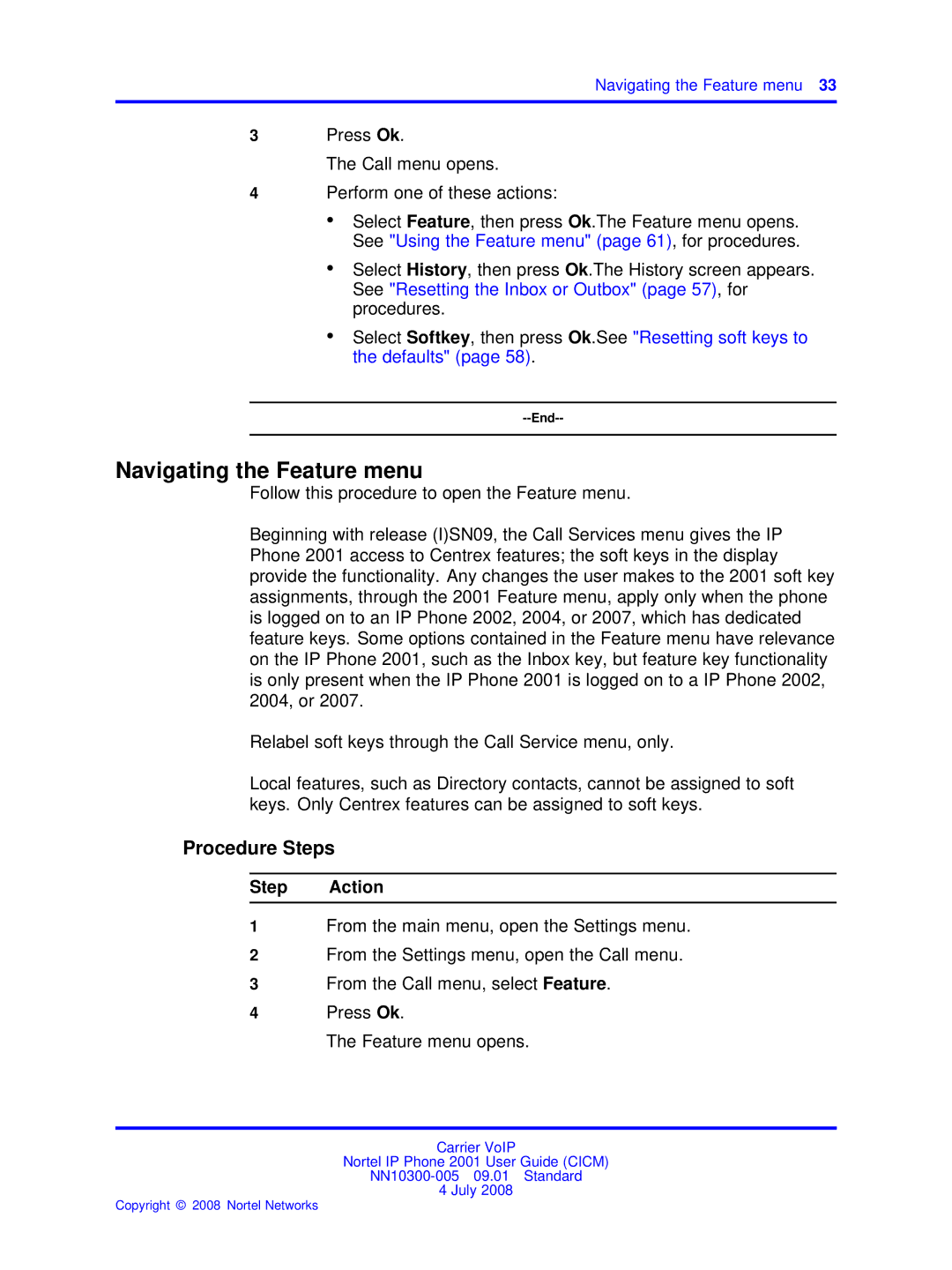 Nortel Networks IP Phone 2001 manual Navigating the Feature menu 