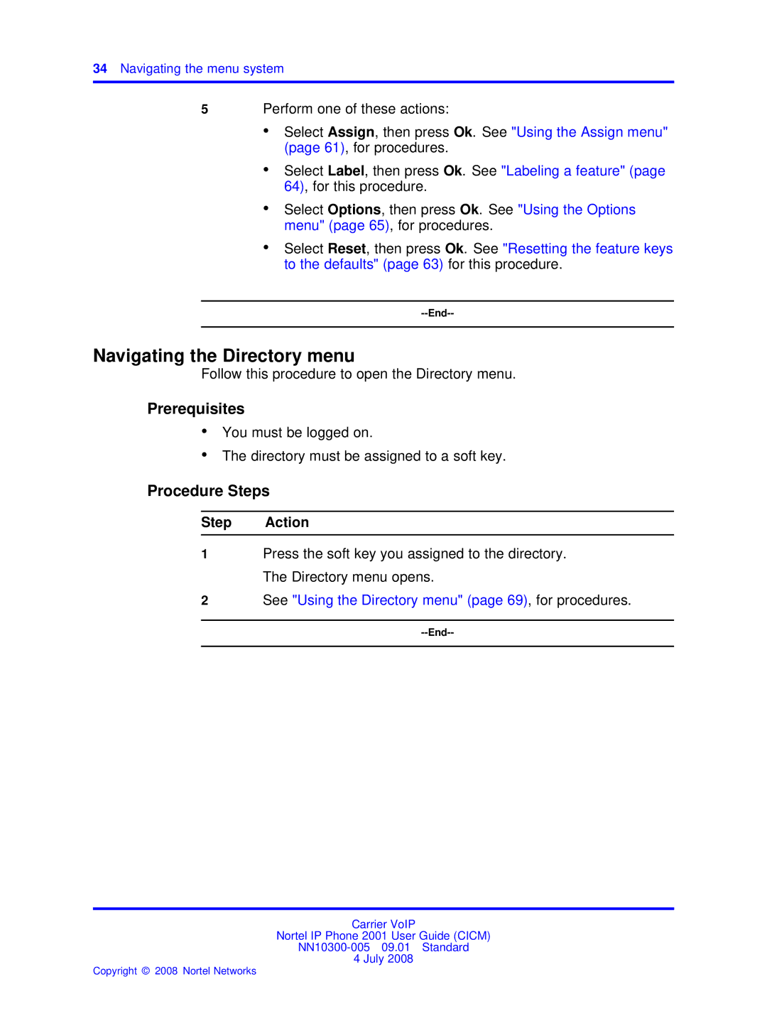 Nortel Networks IP Phone 2001 manual Navigating the Directory menu, See Using the Directory menu page 69, for procedures 