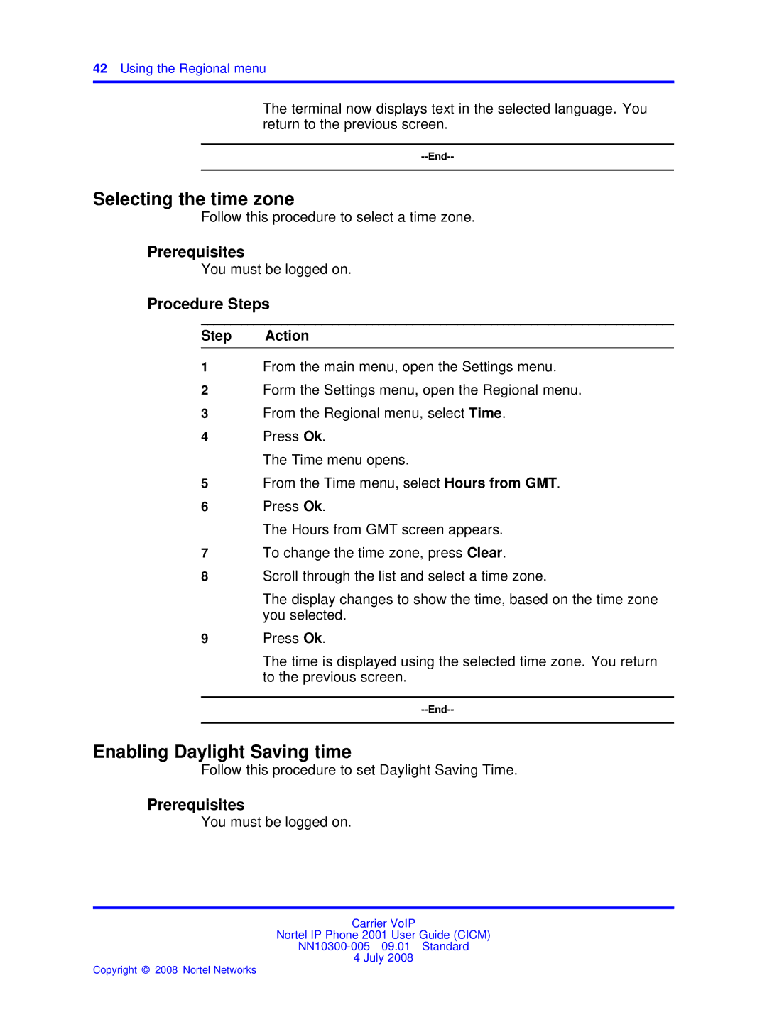 Nortel Networks IP Phone 2001 manual Selecting the time zone, Enabling Daylight Saving time, Using the Regional menu 