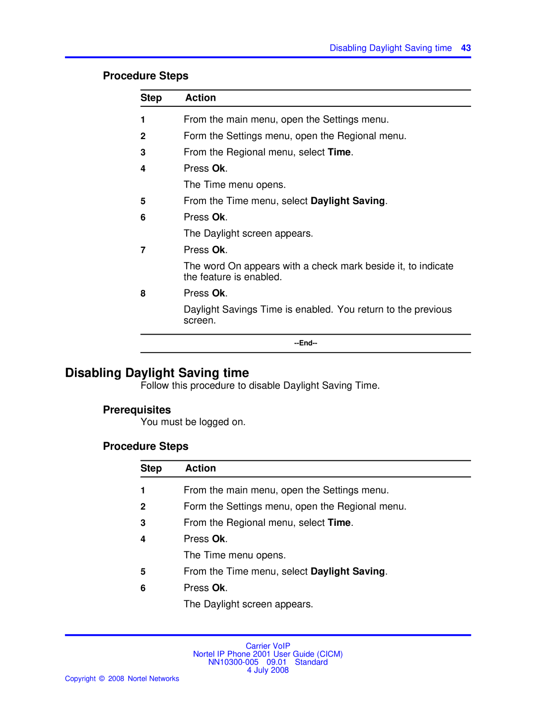 Nortel Networks IP Phone 2001 manual Disabling Daylight Saving time 