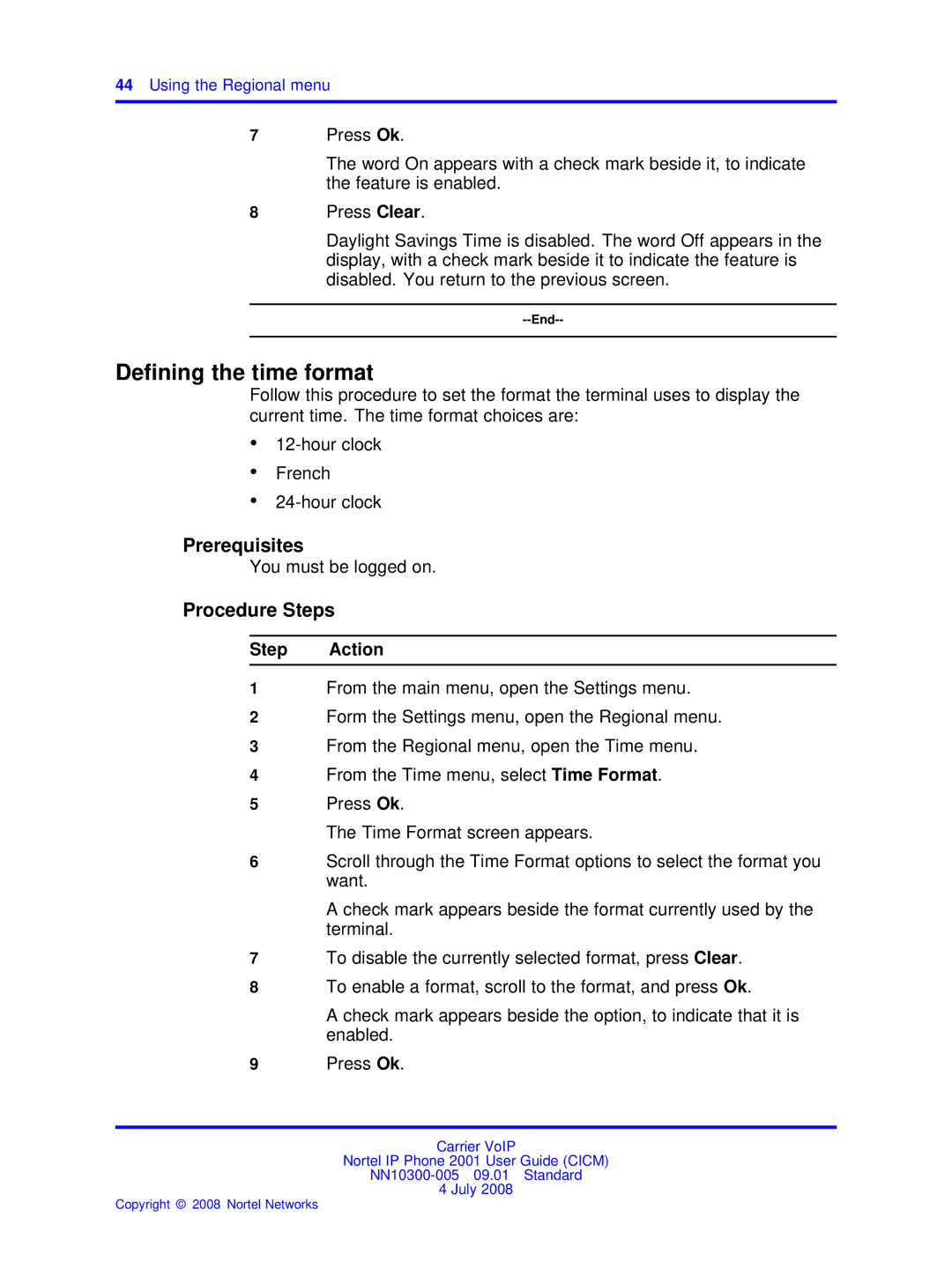 Nortel Networks IP Phone 2001 manual Deﬁning the time format 