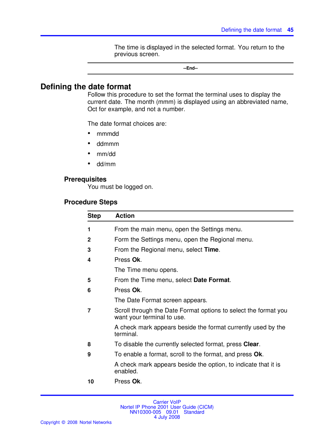 Nortel Networks IP Phone 2001 manual Deﬁning the date format, Defining the date format 