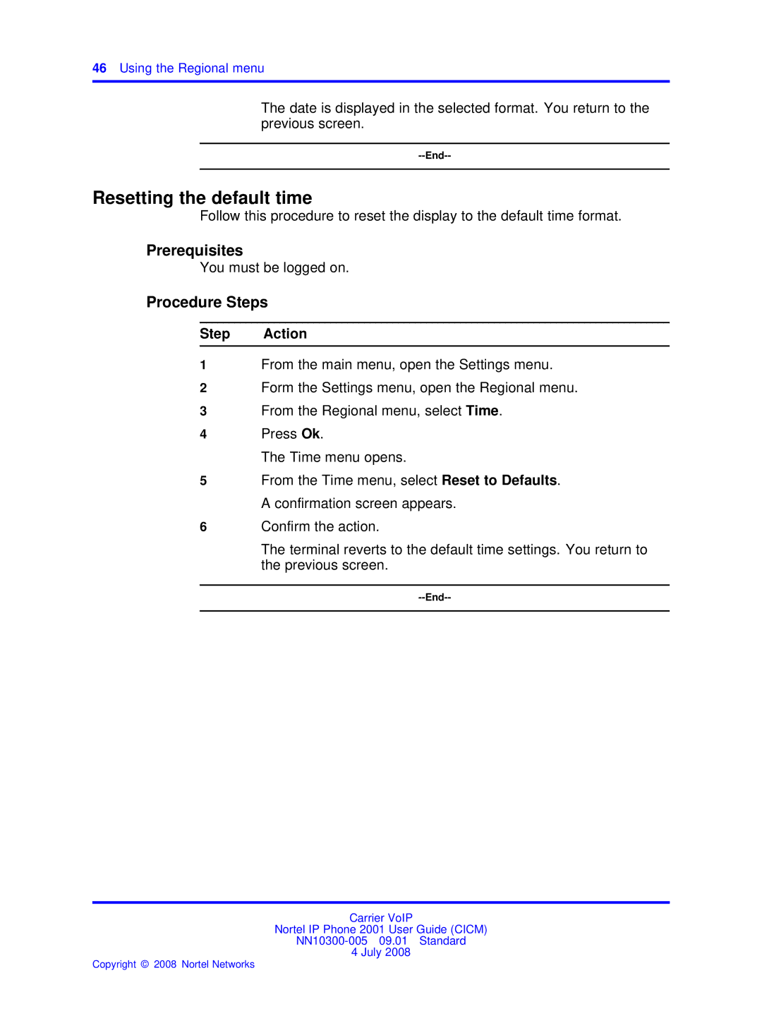 Nortel Networks IP Phone 2001 manual Resetting the default time 