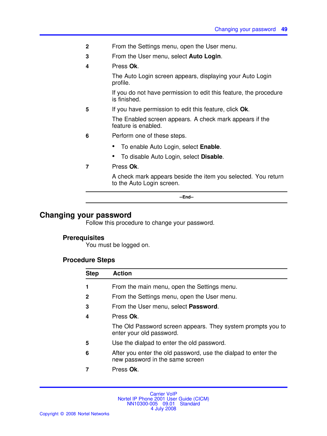 Nortel Networks IP Phone 2001 manual Changing your password 