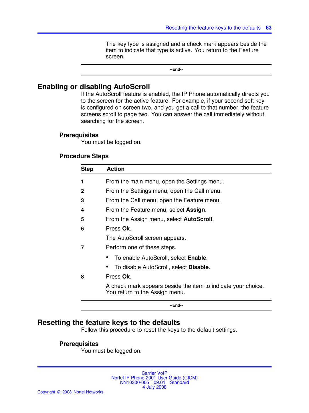 Nortel Networks IP Phone 2001 manual Enabling or disabling AutoScroll, Resetting the feature keys to the defaults 