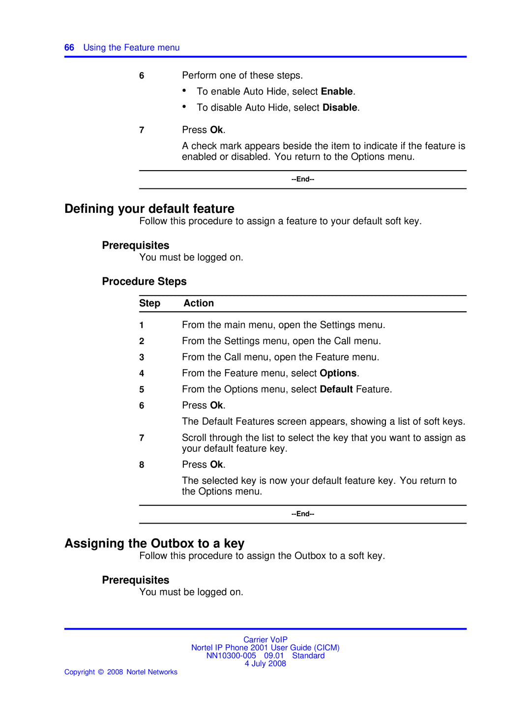 Nortel Networks IP Phone 2001 manual Deﬁning your default feature, Assigning the Outbox to a key 