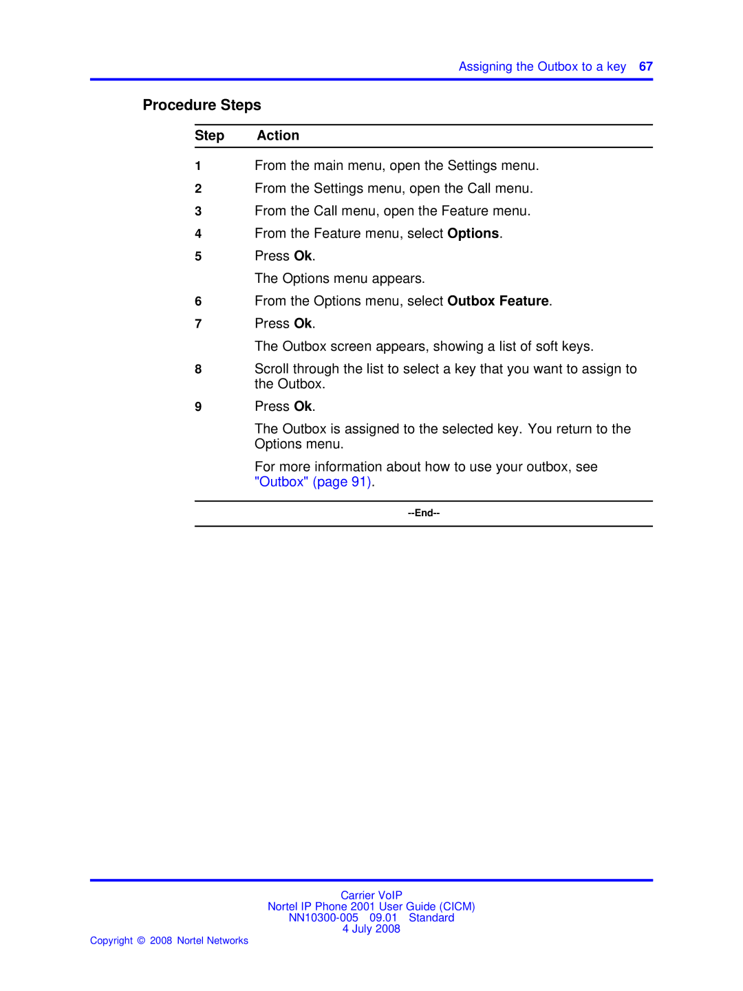 Nortel Networks IP Phone 2001 manual Assigning the Outbox to a key 