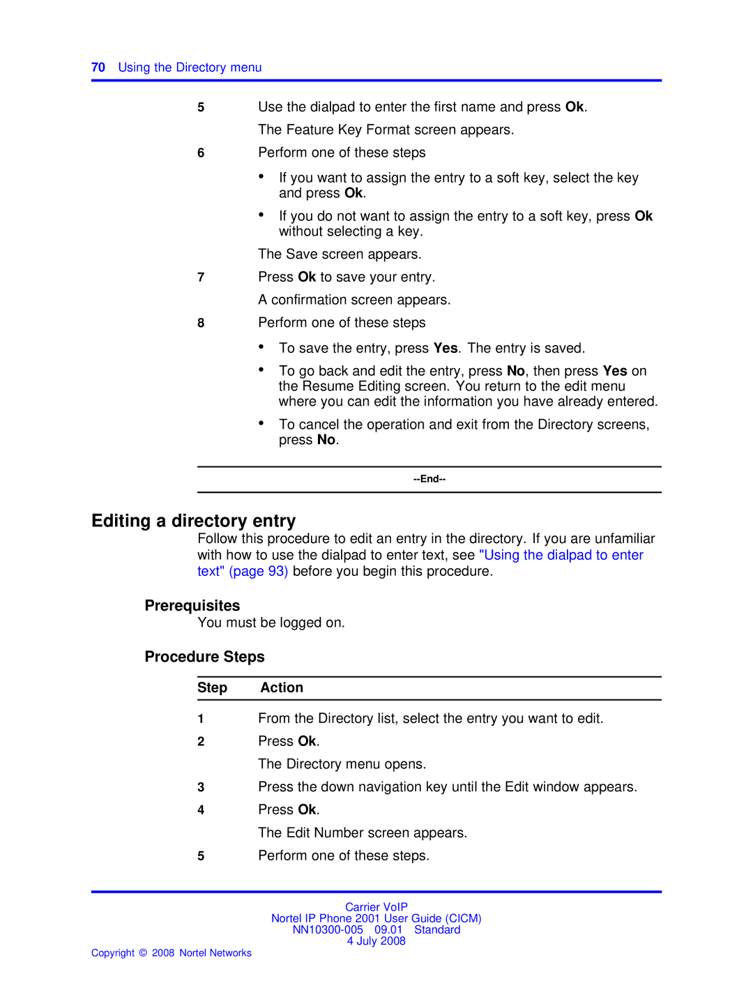 Nortel Networks IP Phone 2001 manual Editing a directory entry, Using the Directory menu 