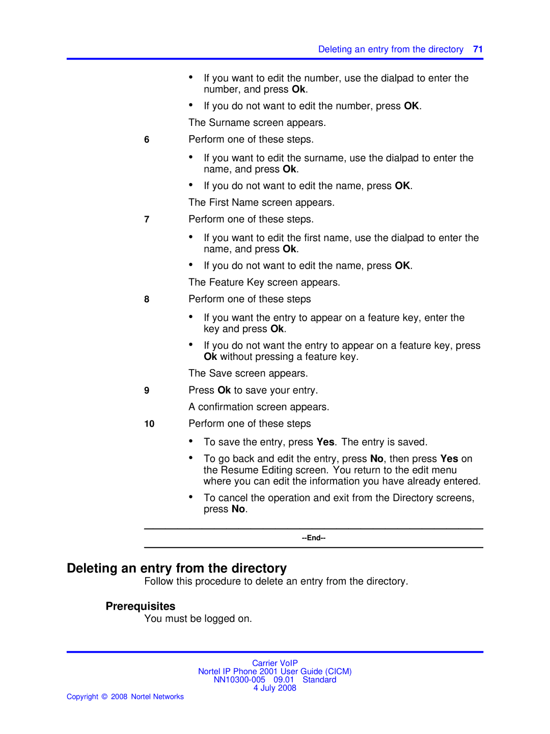 Nortel Networks IP Phone 2001 manual Deleting an entry from the directory 