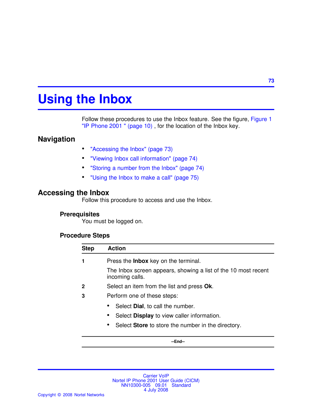 Nortel Networks IP Phone 2001 manual Using the Inbox, Accessing the Inbox 