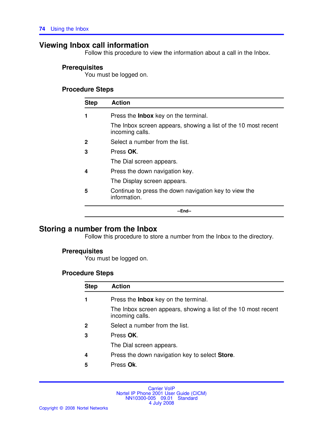 Nortel Networks IP Phone 2001 manual Viewing Inbox call information, Storing a number from the Inbox, Using the Inbox 