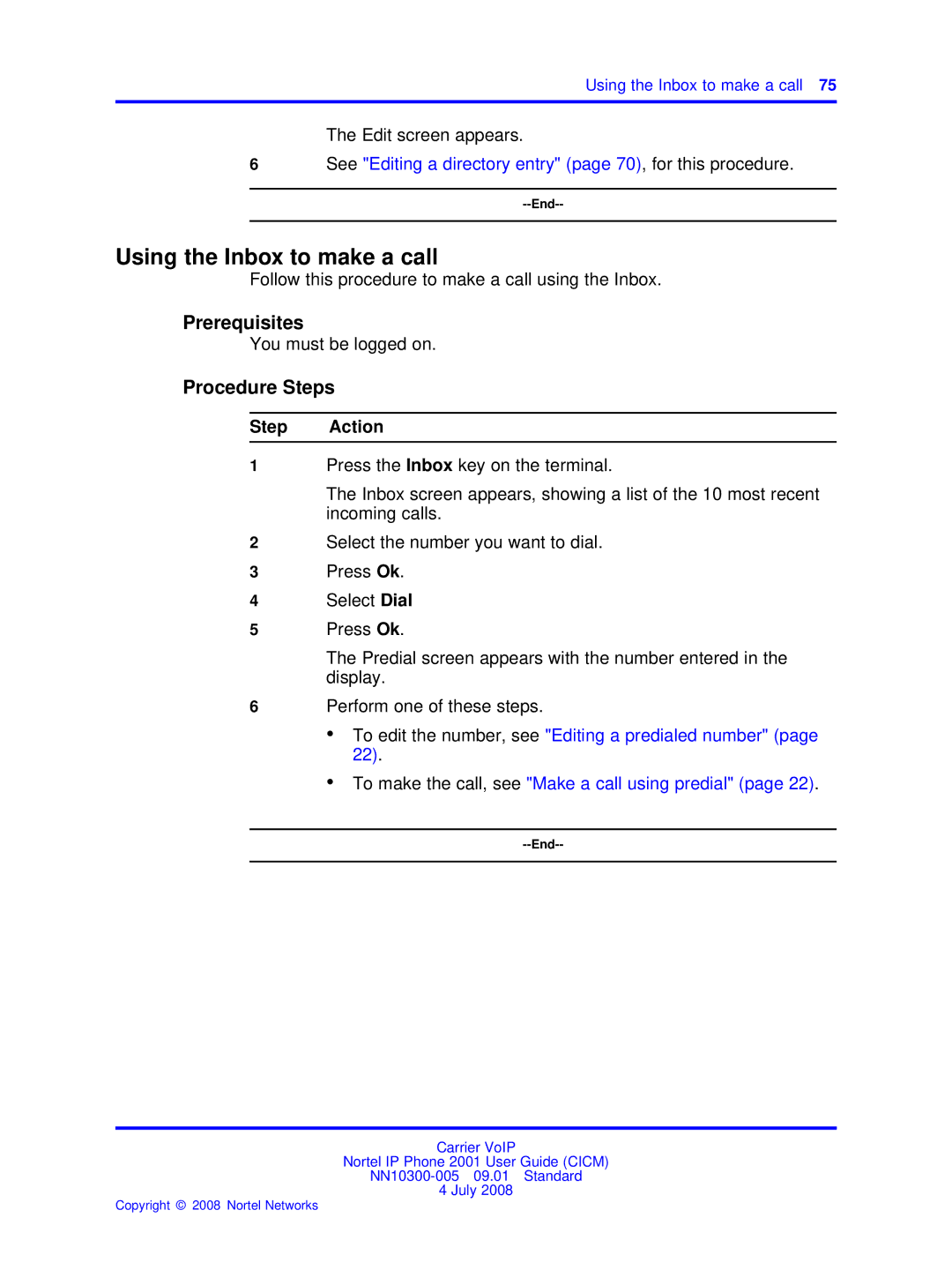 Nortel Networks IP Phone 2001 manual Using the Inbox to make a call 