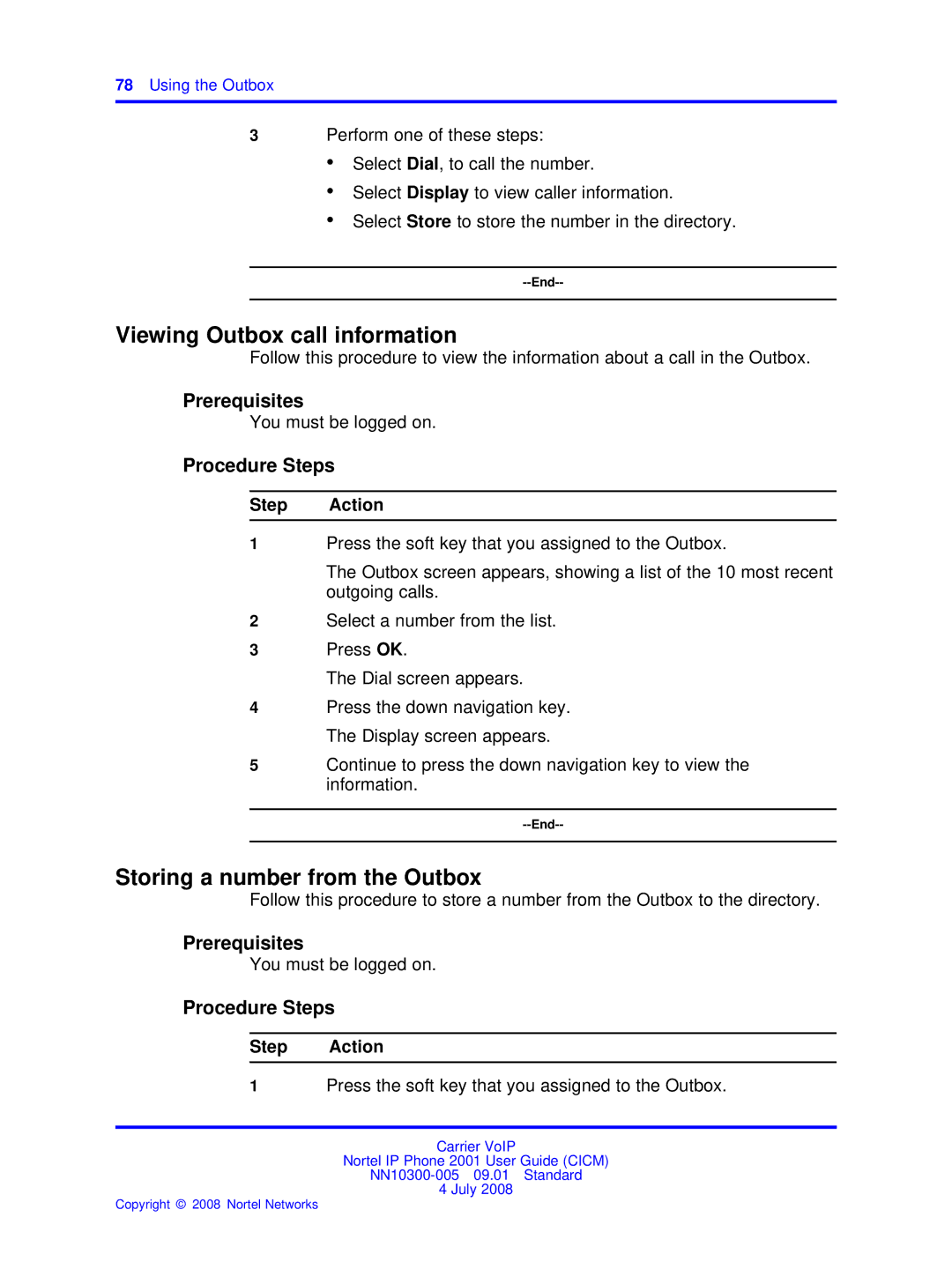 Nortel Networks IP Phone 2001 manual Viewing Outbox call information, Storing a number from the Outbox, Using the Outbox 